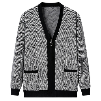 Мъжки плетен кардиган с цип, дизайн в блокове, дълги ръкави, яка тип ревера, джобове, декоративни копчета, жакардова плетка, есен 2024