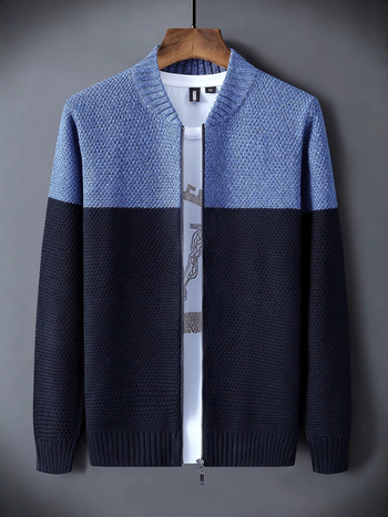 Мъжки корейски стил плетен кардиган, ежедневен, свободен силует, стояща яка, дълги ръкави, плътен полиестерен материал, цветен блок