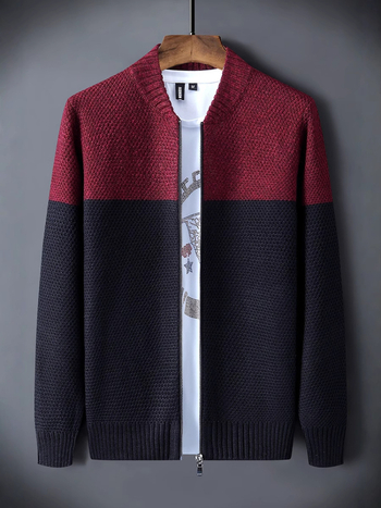Мъжки корейски стил плетен кардиган, ежедневен, свободен силует, стояща яка, дълги ръкави, плътен полиестерен материал, цветен блок