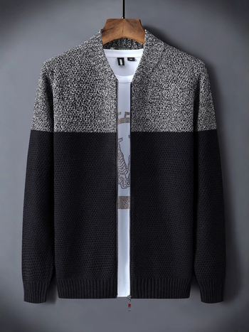 Мъжки корейски стил плетен кардиган, ежедневен, свободен силует, стояща яка, дълги ръкави, плътен полиестерен материал, цветен блок