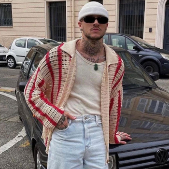 Ζακέτα-πουλόβερ με V-λαιμό, ζακάρντ πλέξιμο, χαλαρή γραμμή, μακριά μανίκια, μείγμα ακρυλικού και πολυεστέρα