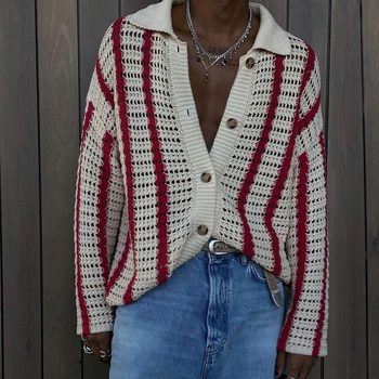 Ζακέτα-πουλόβερ με V-λαιμό, ζακάρντ πλέξιμο, χαλαρή γραμμή, μακριά μανίκια, μείγμα ακρυλικού και πολυεστέρα