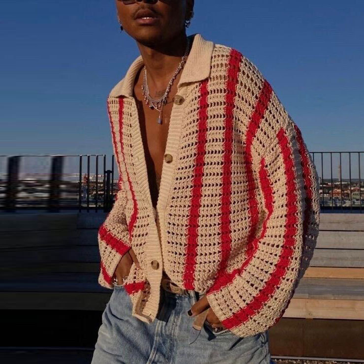 Ζακέτα-πουλόβερ με V-λαιμό, ζακάρντ πλέξιμο, χαλαρή γραμμή, μακριά μανίκια, μείγμα ακρυλικού και πολυεστέρα