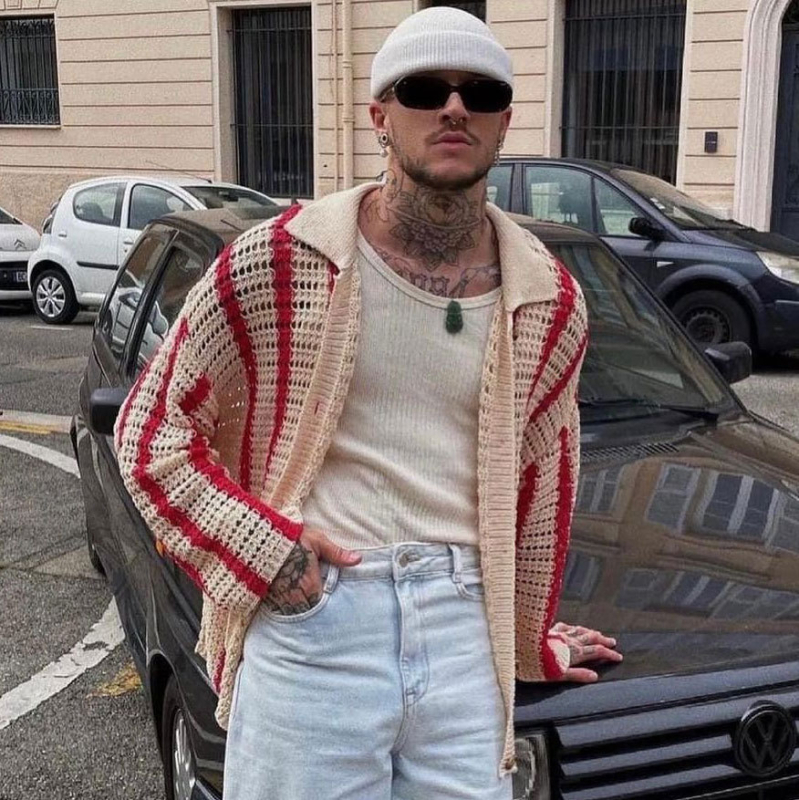 Ζακέτα-πουλόβερ με V-λαιμό, ζακάρντ πλέξιμο, χαλαρή γραμμή, μακριά μανίκια, μείγμα ακρυλικού και πολυεστέρα