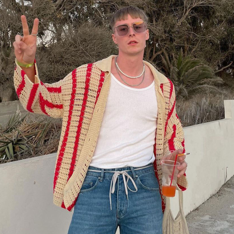 Ζακέτα-πουλόβερ με V-λαιμό, ζακάρντ πλέξιμο, χαλαρή γραμμή, μακριά μανίκια, μείγμα ακρυλικού και πολυεστέρα