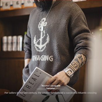 Пуловер с кръгла яка, американски стил винтидж жакард с котва за лодка, акрилна смес (54% акрил, 38% найлон, 8% вълна), есен 2024