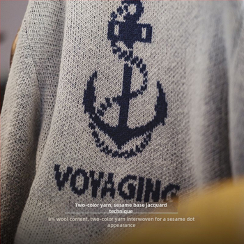 Пуловер с кръгла яка, американски стил винтидж жакард с котва за лодка, акрилна смес (54% акрил, 38% найлон, 8% вълна), есен 2024