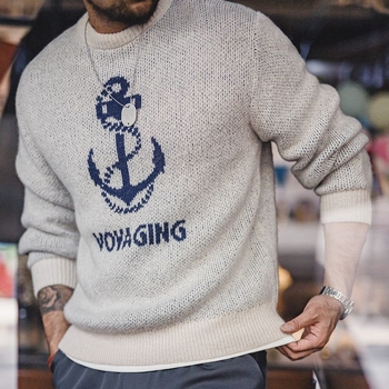 Пуловер с кръгла яка, американски стил винтидж жакард с котва за лодка, акрилна смес (54% акрил, 38% найлон, 8% вълна), есен 2024