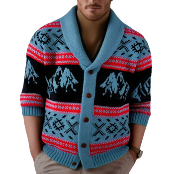 Мъжки джакардов кардиган-свитер, Deer plush плат, прав силует, яка с ревера, дълги ръкави, зимна плътна материя