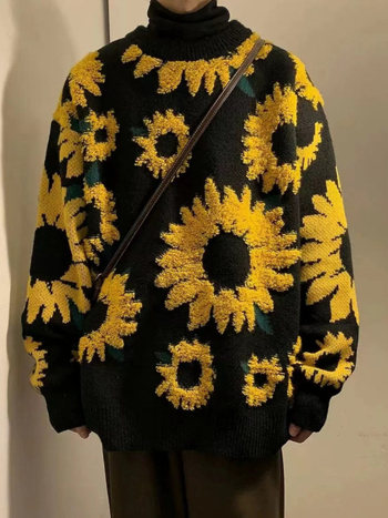 Pulover s jacquard uzorkom suncokreta, Phoenix velvet tkanina, slobodan kroj, okrugli izrez, dugi rukavi