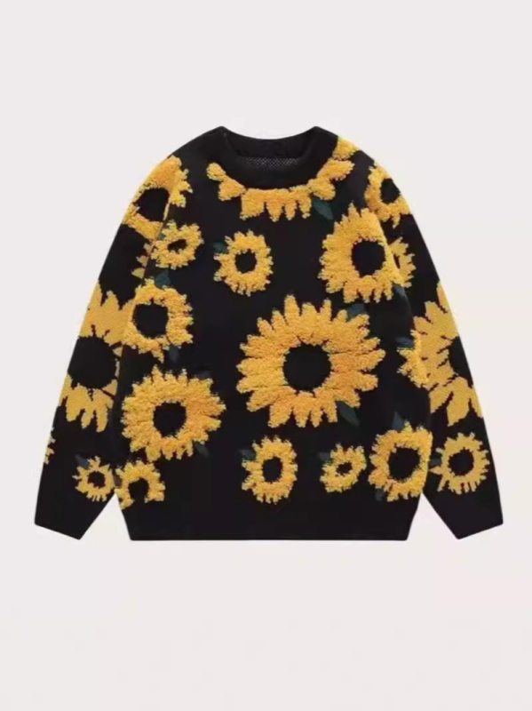 Pulover s jacquard uzorkom suncokreta, Phoenix velvet tkanina, slobodan kroj, okrugli izrez, dugi rukavi