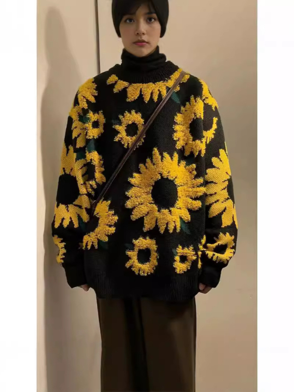 Pulover s jacquard uzorkom suncokreta, Phoenix velvet tkanina, slobodan kroj, okrugli izrez, dugi rukavi