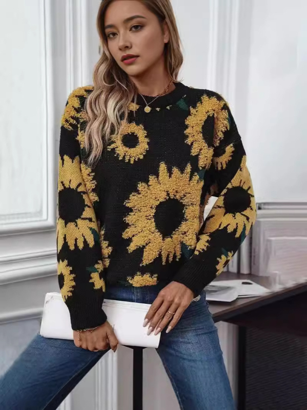 Pulover s jacquard uzorkom suncokreta, Phoenix velvet tkanina, slobodan kroj, okrugli izrez, dugi rukavi