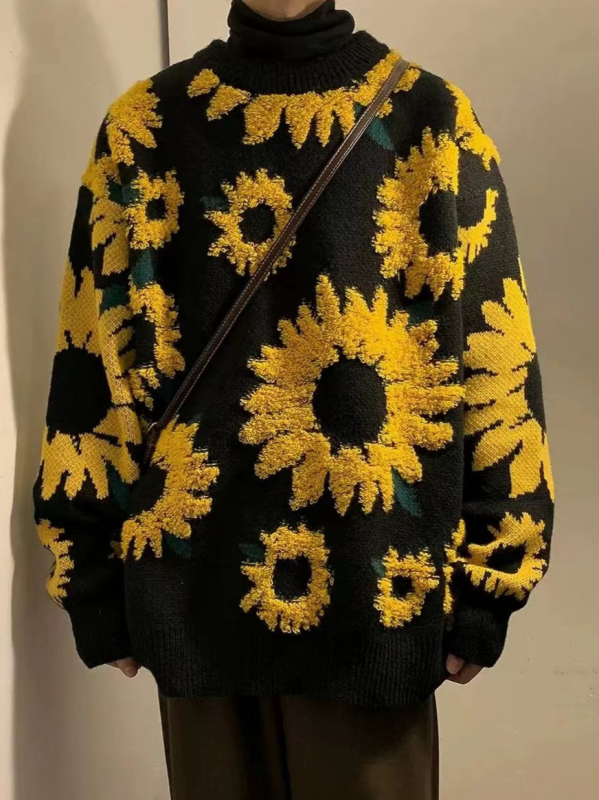 Pulover s jacquard uzorkom suncokreta, Phoenix velvet tkanina, slobodan kroj, okrugli izrez, dugi rukavi