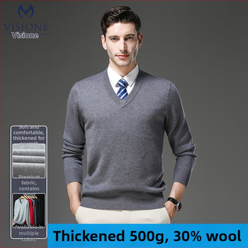 Ανδρικό πουλόβερ μαλλιού με V-λαιμό, παχύ πλέξιμο, μαλλί 30–35% με ακρυλικό, στενή γραμμή, μεσαίο μήκος 65–80 εκ