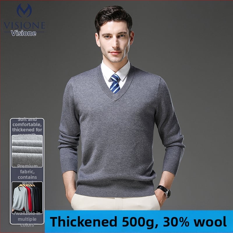 Ανδρικό πουλόβερ μαλλιού με V-λαιμό, παχύ πλέξιμο, μαλλί 30–35% με ακρυλικό, στενή γραμμή, μεσαίο μήκος 65–80 εκ