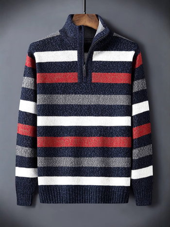 Мъжки пуловер за есенно-зимния сезон с висока яка и половин цип, райета и дебел трикотаж; материя памук‑смес, основен състав полиестер 52,5%; машинно пране; casual стил