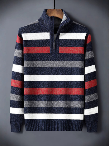 Мъжки пуловер за есенно-зимния сезон с висока яка и половин цип, райета и дебел трикотаж; материя памук‑смес, основен състав полиестер 52,5%; машинно пране; casual стил