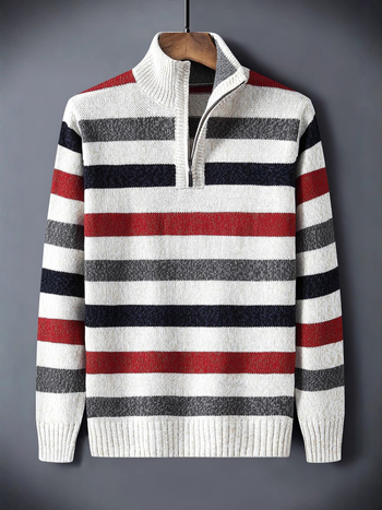 Мъжки пуловер за есенно-зимния сезон с висока яка и половин цип, райета и дебел трикотаж; материя памук‑смес, основен състав полиестер 52,5%; машинно пране; casual стил