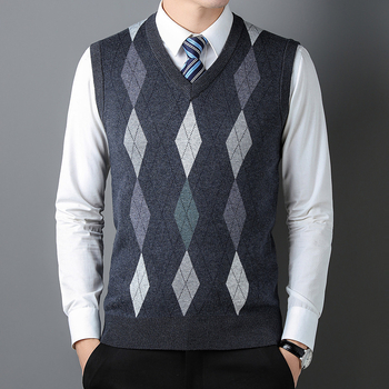 Плетен безръкав жилет за мъже на средна възраст – райета жакард, минималистичен стил, акрилна смес (47,7%), джоб с вградена вставка, прав ръб