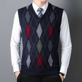Плетен безръкав жилет за мъже на средна възраст – райета жакард, минималистичен стил, акрилна смес (47,7%), джоб с вградена вставка, прав ръб
