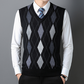 Плетен безръкав жилет за мъже на средна възраст – райета жакард, минималистичен стил, акрилна смес (47,7%), джоб с вградена вставка, прав ръб