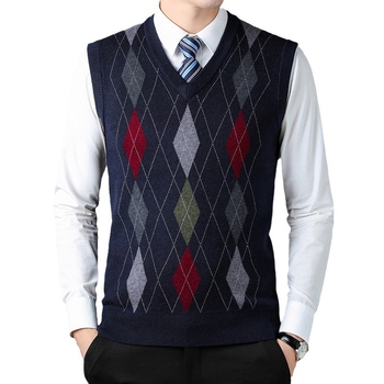 Плетен безръкав жилет за мъже на средна възраст – райета жакард, минималистичен стил, акрилна смес (47,7%), джоб с вградена вставка, прав ръб