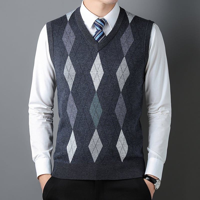 Плетен безръкав жилет за мъже на средна възраст – райета жакард, минималистичен стил, акрилна смес (47,7%), джоб с вградена вставка, прав ръб
