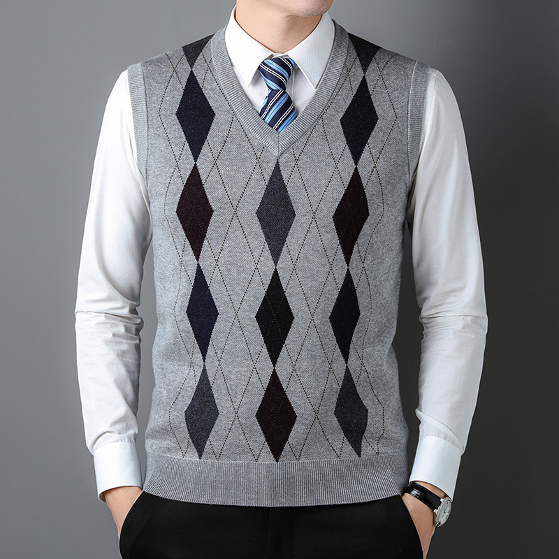 Плетен безръкав жилет за мъже на средна възраст – райета жакард, минималистичен стил, акрилна смес (47,7%), джоб с вградена вставка, прав ръб
