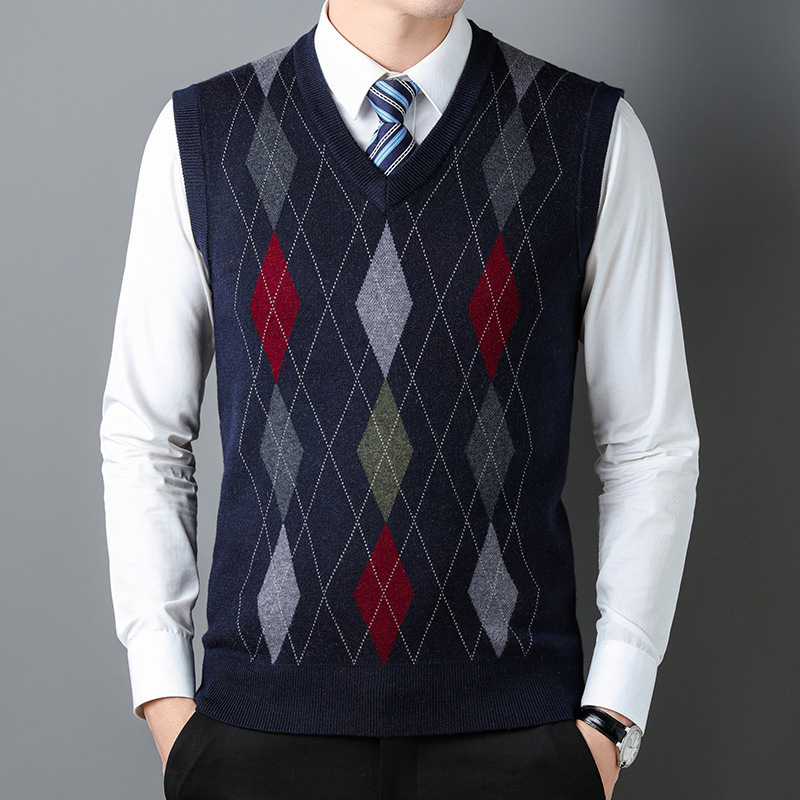 Плетен безръкав жилет за мъже на средна възраст – райета жакард, минималистичен стил, акрилна смес (47,7%), джоб с вградена вставка, прав ръб