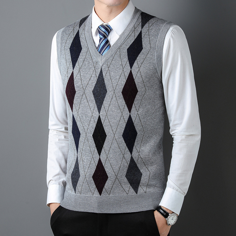 Плетен безръкав жилет за мъже на средна възраст – райета жакард, минималистичен стил, акрилна смес (47,7%), джоб с вградена вставка, прав ръб