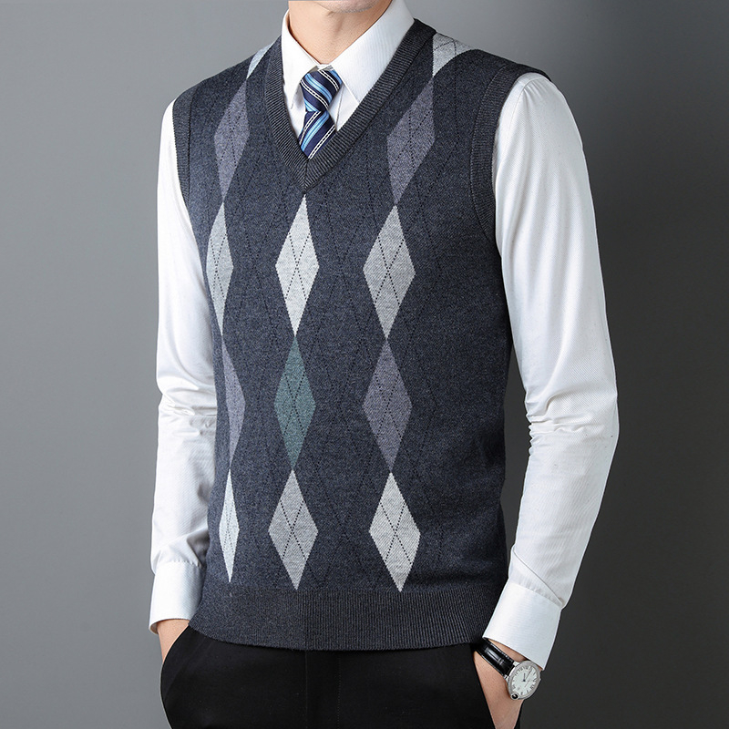 Плетен безръкав жилет за мъже на средна възраст – райета жакард, минималистичен стил, акрилна смес (47,7%), джоб с вградена вставка, прав ръб