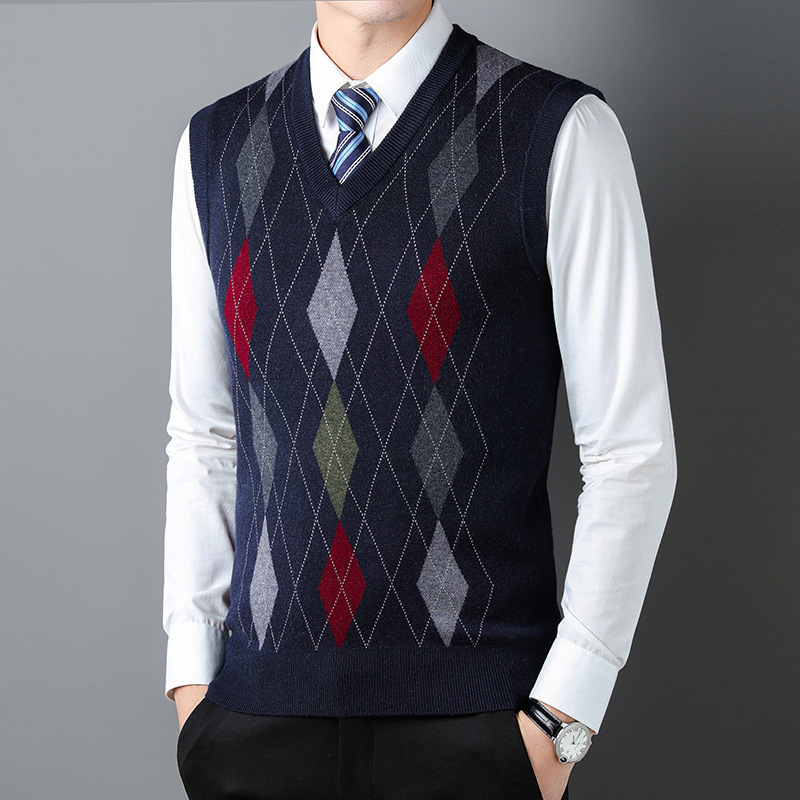 Плетен безръкав жилет за мъже на средна възраст – райета жакард, минималистичен стил, акрилна смес (47,7%), джоб с вградена вставка, прав ръб
