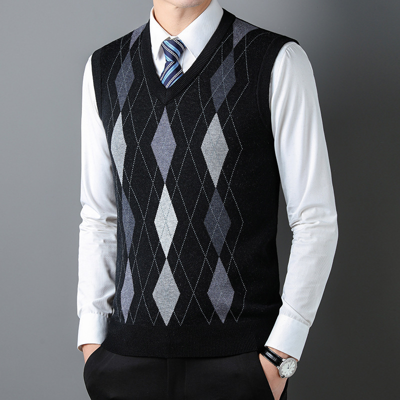 Плетен безръкав жилет за мъже на средна възраст – райета жакард, минималистичен стил, акрилна смес (47,7%), джоб с вградена вставка, прав ръб