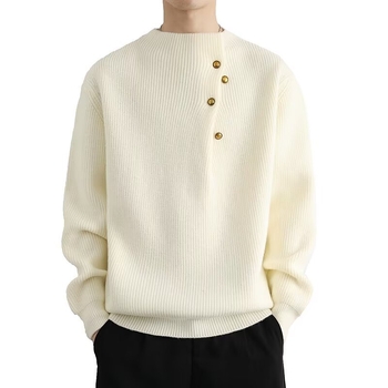 Мъжки пуловер в корейски стил, свободна кройка, дълги ръкави, кръгла яка, плътна плетка, полиестерова смес, детайл с емблема