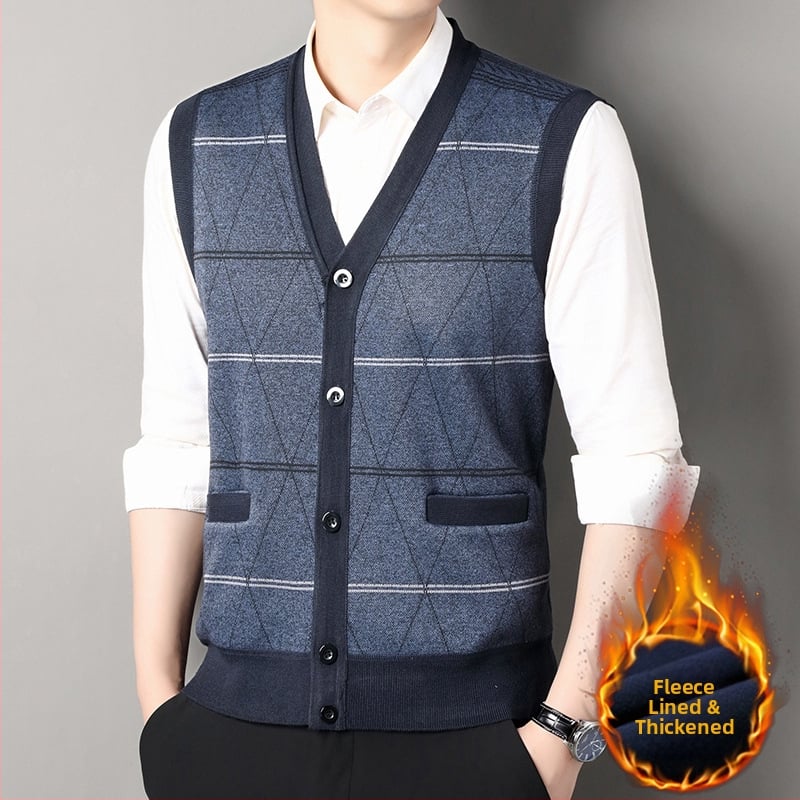 Мъжка жилетка-кардиган с раирана шарка, свободна кройка, вискоза и поларова подплата