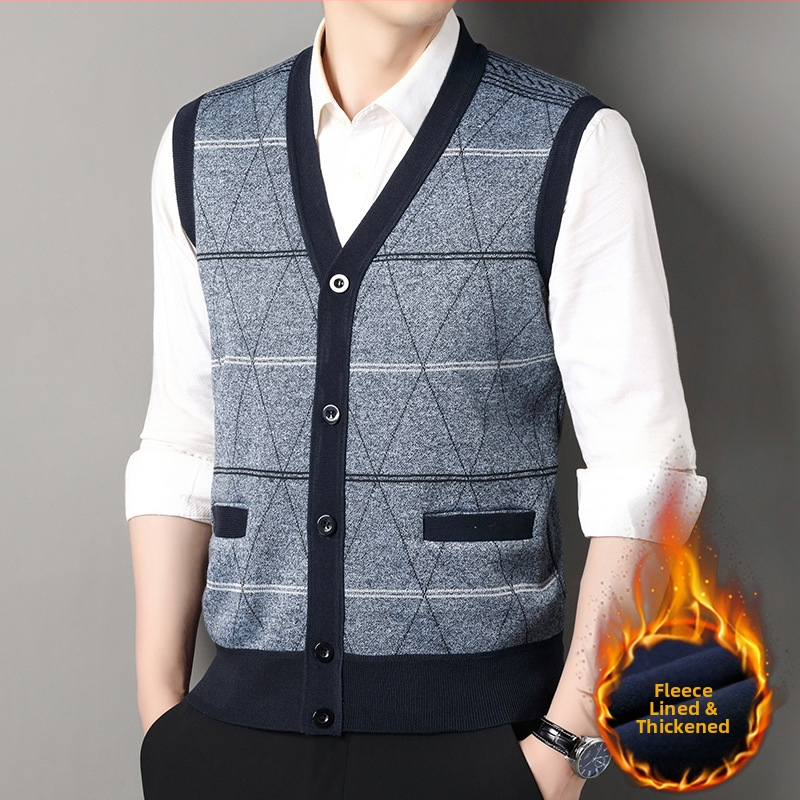 Мъжка жилетка-кардиган с раирана шарка, свободна кройка, вискоза и поларова подплата