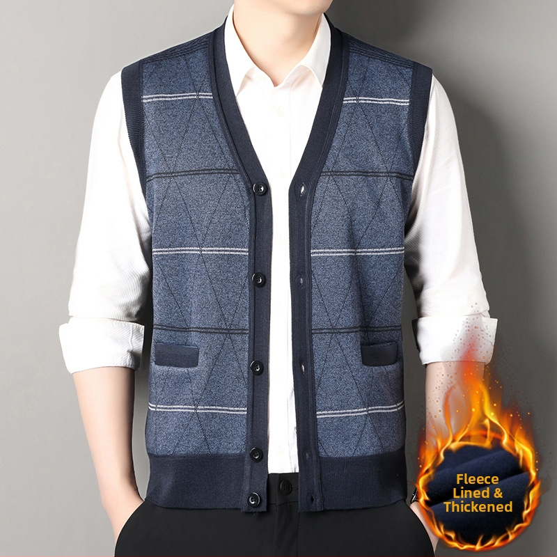 Мъжка жилетка-кардиган с раирана шарка, свободна кройка, вискоза и поларова подплата