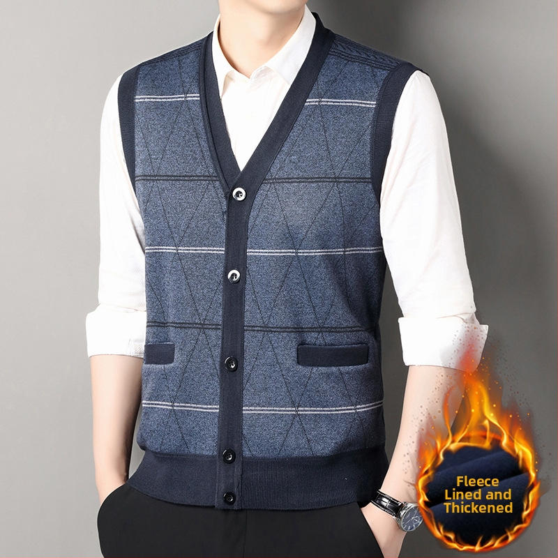 Мъжка жилетка-кардиган с раирана шарка, свободна кройка, вискоза и поларова подплата