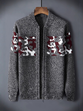 Плетен кардиган с дизайн на цветови блокове, тясна кройка, кръгло деколте, дълги ръкави, жакардова полиестрова тъкан, есен 2023, за младежи