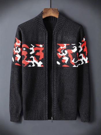 Плетен кардиган с дизайн на цветови блокове, тясна кройка, кръгло деколте, дълги ръкави, жакардова полиестрова тъкан, есен 2023, за младежи