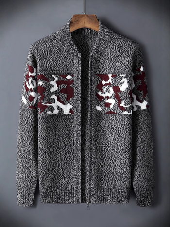 Плетен кардиган с дизайн на цветови блокове, тясна кройка, кръгло деколте, дълги ръкави, жакардова полиестрова тъкан, есен 2023, за младежи