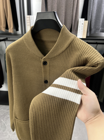 Плетен кардиган със стояща яка в корейски стил; тънък силует; смес от найлон/вискоза/полиестер; обработка без гладене