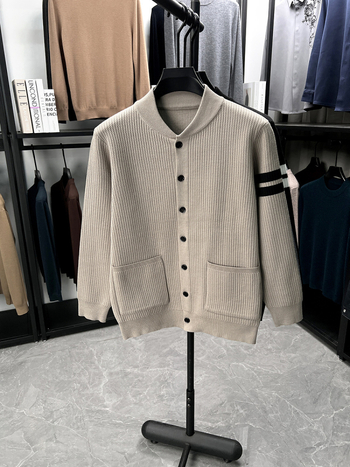 Плетен кардиган със стояща яка в корейски стил; тънък силует; смес от найлон/вискоза/полиестер; обработка без гладене