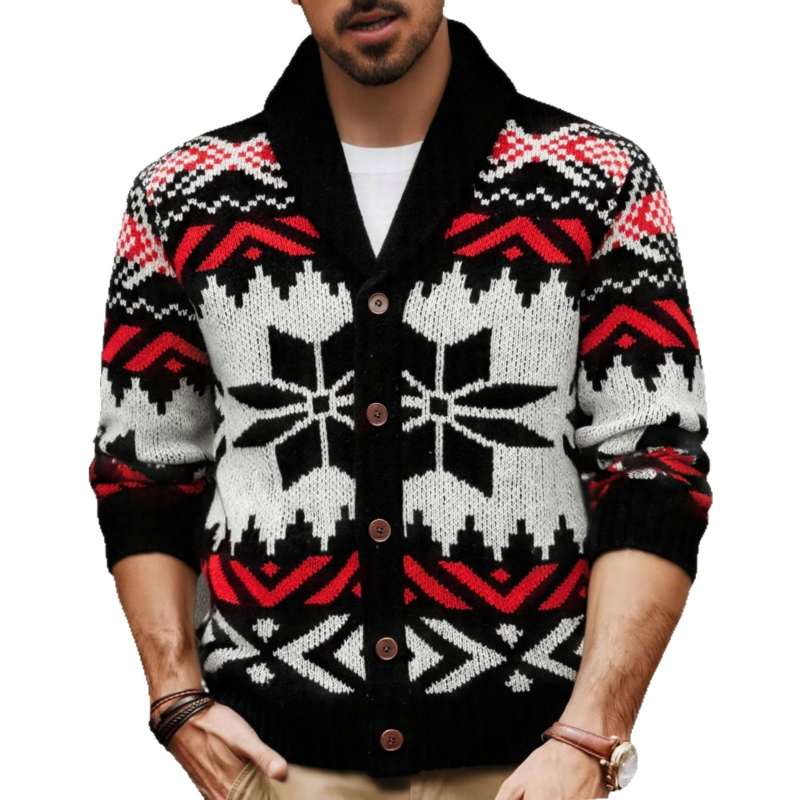 Muški kardigan od jacquard pletenine, debeli zimski model, ravni kroj, 100% poliester
