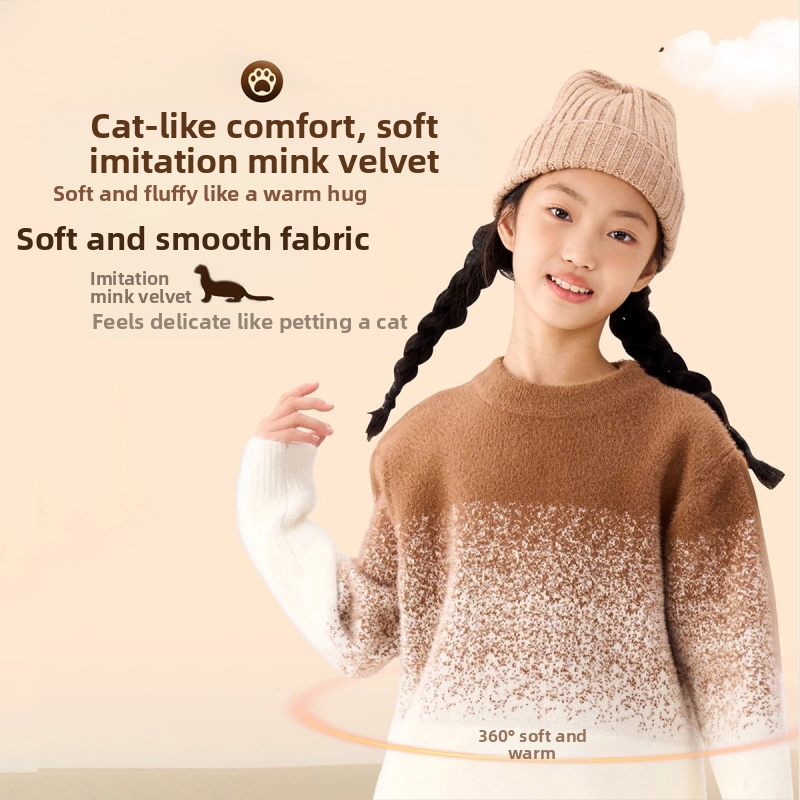 Детски пуловер: градиентен норков велур, дебел трикотаж, кръгло деколте, дълги ръкави, полка точков модел (за деца 8+, зима/есен)