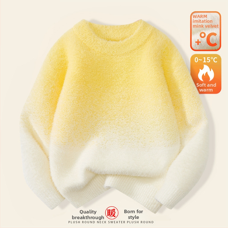 Παιδικό πουλόβερ: διαβαθμισμένο βελούδο μίνκ, παχύ πλέξιμο, στρογγυλό λαιμό, μακριά μανίκια, μοτίβο με πουά (8+ ετών, χειμώνας/φθινόπωρο)