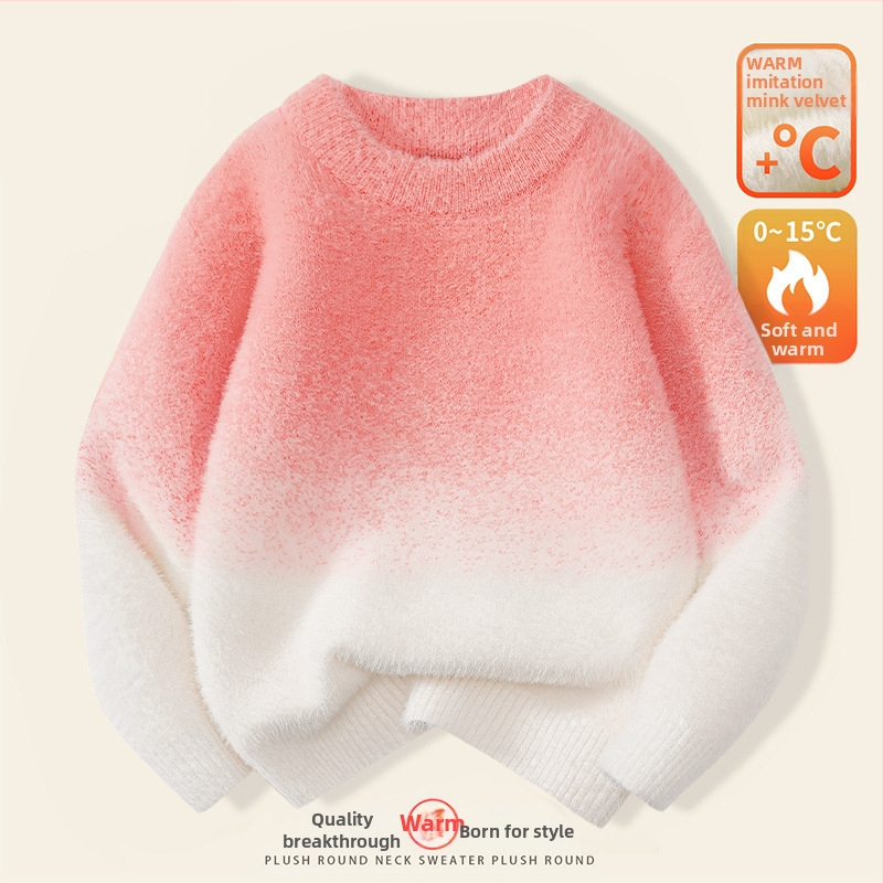 Παιδικό πουλόβερ: διαβαθμισμένο βελούδο μίνκ, παχύ πλέξιμο, στρογγυλό λαιμό, μακριά μανίκια, μοτίβο με πουά (8+ ετών, χειμώνας/φθινόπωρο)