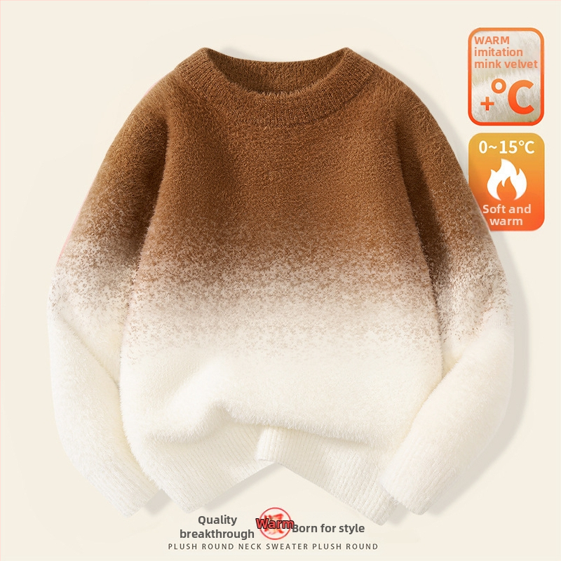 Παιδικό πουλόβερ: διαβαθμισμένο βελούδο μίνκ, παχύ πλέξιμο, στρογγυλό λαιμό, μακριά μανίκια, μοτίβο με πουά (8+ ετών, χειμώνας/φθινόπωρο)