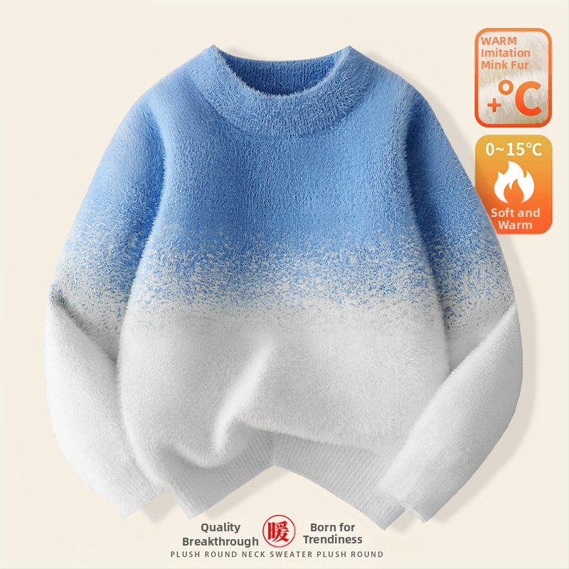 Παιδικό πουλόβερ: διαβαθμισμένο βελούδο μίνκ, παχύ πλέξιμο, στρογγυλό λαιμό, μακριά μανίκια, μοτίβο με πουά (8+ ετών, χειμώνας/φθινόπωρο)